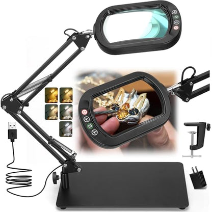 Veemagni 12X Rectangle Magnifying Glass with Light and Stand, 5 Color Modes Stepless Dimmable, 2-in-1 LED Lighted Desk Lamp & Clamp, Hands Free Magnifier for Reading Crafts Repair Painting Close Work