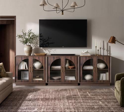 FORTUNETEC 31.5" Sideboard Buffet Cabinet with Arched Glass Doors Set of 3 | Modern Accent Cabinet, Modular Media Console with Storage, Adjustable Shelves, for Living Dining Room Entryway, Dark Walnut - color: Dark Walnut, size: 3