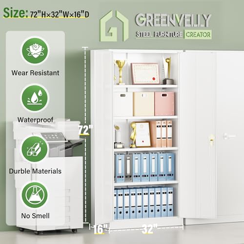 Greenvelly 72" Metal Garage Storage Cabinet, White Garage Storage Cabinet with Doors and Adjustable Shelves, Steel Lockable File Cabinet for Home Office, Garage, School(32" W x 16" D) ﻿ - color: White, size: 72"