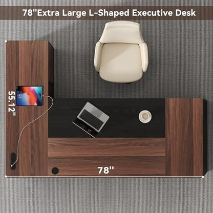 78-Inch L-Shaped Executive Desk with Drawer, Walnut Brown Black | Large Home Office Desk with Cord Hold and Power Outlet, Modern Computer Table with File Cabinet,Open Shelf and PC Stand - color: Walnut