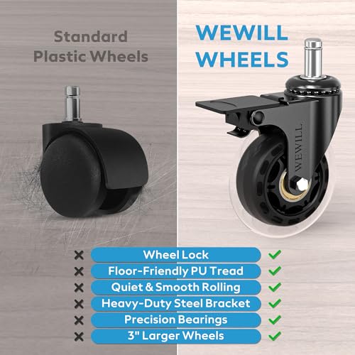 WEWILL Office Chair Wheels - Rubber Casters Replacement Universal Fit 98% Chair(Set of 5) Heavy Duty 3 Inch Smoothly & Quietly Safe for All Floor, Hardwood, Tile, Carpet, Noise Free - Transparent - color: Transparent
