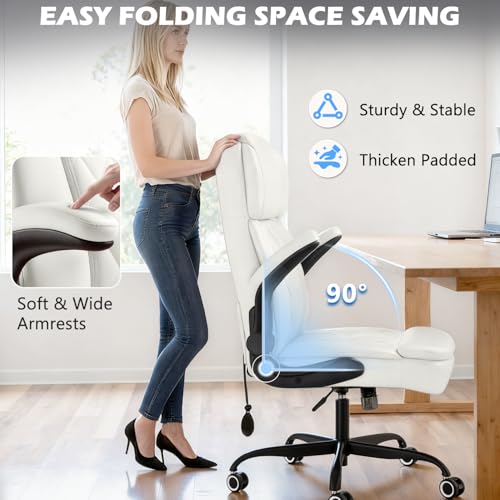 450 LBS Big and Tall Executive Office Chair with Flip up Arm, Heavy Duty Leather Computer Desk Chair,Comfortable High Back Swivel Home Office Chair with Rolling for Adults (White) - color: White