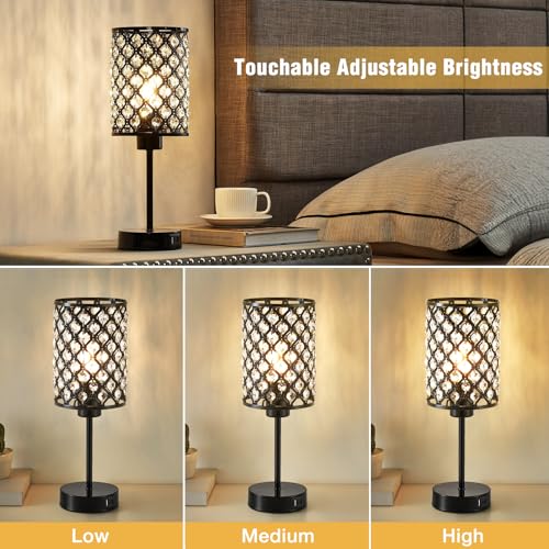 Crystal Table Lamp, Black Touch Lamp with USB C+A Port, 3-Way Dimmable - color: Black, size: 14.75"
