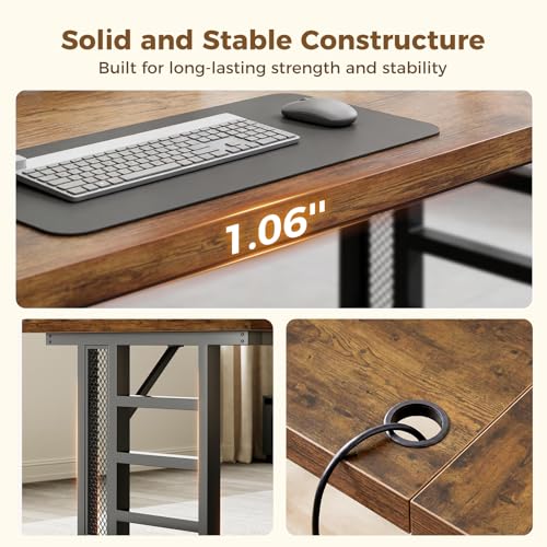OffiGo 78 Inch Executive Computer Desk with Outlets, Rustic Brown