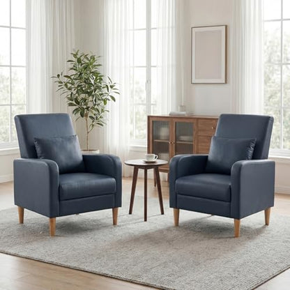 COLAMY Mid-Century Modern Accent Chairs Set of 2, Faux Leather Upholstered Living Room Chairs with Back Pillow & Solid Wood Legs, Comfy Armchair for Living Room, Bedroom, Single Sofa, Dark Blue - color: Dark Blue, size: Set of 2