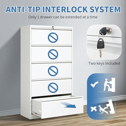 5 Drawer File Cabinet with Lock, Metal Lateral Filing Cabinets - color: White, size: 5 Drawer_ 35"W