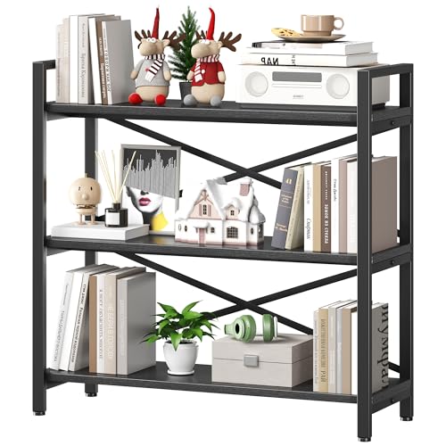 Homeiju 3 Tier Bookshelf 31.49" Width, Wood and Metal Etagere Bookcase, Vintage Farmhouse Modern Wooden Big Book Shelf for Home Living Room Bedroom Office Storage(Black) - color: Black 1, size: 3 Tier - 31.5" W