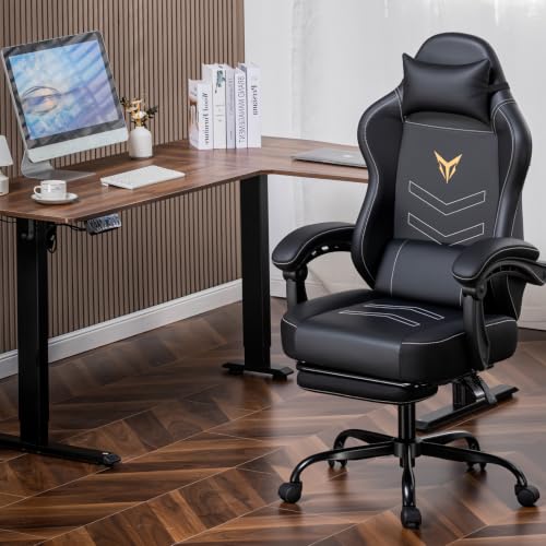 GTPLAYER Gaming Chair, Office Chair High Back Computer Chair with Foot Rest for Adults, Leather Desk Chair Executive Ergonomic Height Adjustable with Headrest and Lumbar Support, 300lbs Light Black - color: Light Black