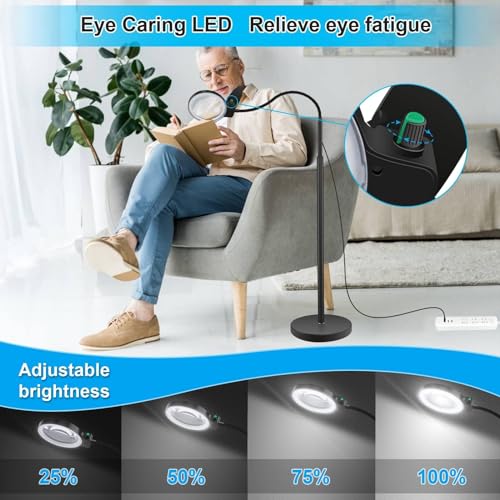 Magnifying Glass with Light and Stand 10X 20X, 36 LED Dimmable Floor Magnifying Lamp, 3-in-1 Adjustable Gooseneck Lighted Magnifier for Reading, Sewing, Crafts, Close Work etc