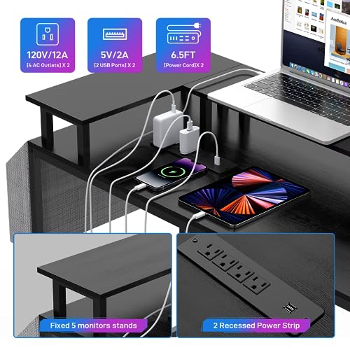 IDEALHOUSE U Shaped Home Office Desk, Reversible L Shaped Gaming Computer Desk with Power Outlets,126 Inch Computer Desk with Monitor Stand and LED Lights,Storage Shelves,Storage Bag and Hooks（Black） - color: Black