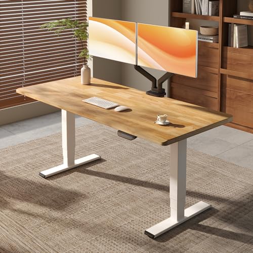 FLEXISPOT E6 MAX 1" Thick Beveled-Edge Solid Wood Standing Desk, 55"x28" Dual Motor 3-Stage Heavy Duty Workstation, 330lbs Weight Capacity Height Adjustable Desk (Maple Rubberwood + White Frame) - color: White Frame+ Maple Top, size: 55"x28" Rubber Wood O