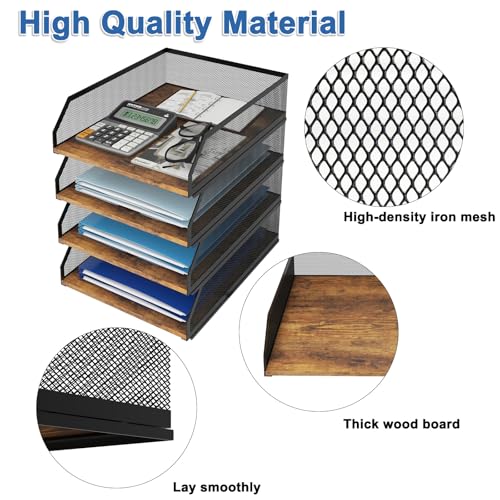 Natwind 4-Tier Stackable Metal Mesh Paper Organizer with Sliding Tray,Retro | Wooden Desk Organizer, Letter Tray For Desktop,File Holder For Home Office School Classroom Organization - size: 4 Tier