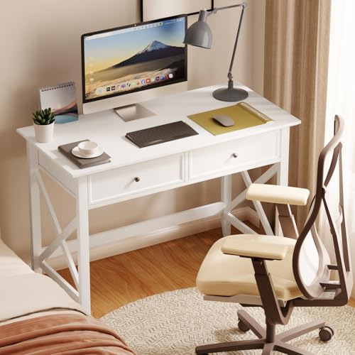 Lewahom White Computer Desk with 2 Drawers, Modern Makeup Vanity Desk with Storage, Writing Desk for Home Office, 42'' Long Study Simple White Desk for Bedroom Console Table Living Room - color: White