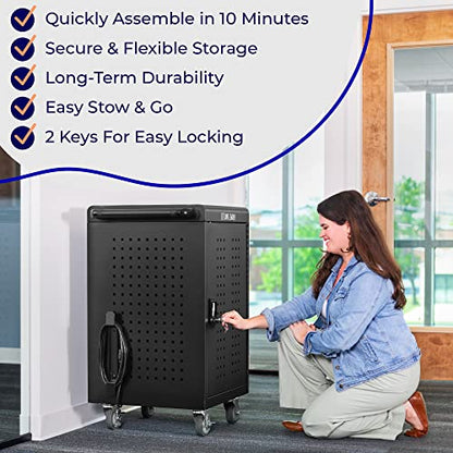 Line Leader 30 Unit Mobile Charging Station Cart w/Locking Cabinet, Standing Computer Charger Stand for Tablets, Laptops, Chromebooks, 5-Min Assembly UL-Certified, ANSI/BIFMA Standard with Power Cord - size: 24.25" x 21" x 38"