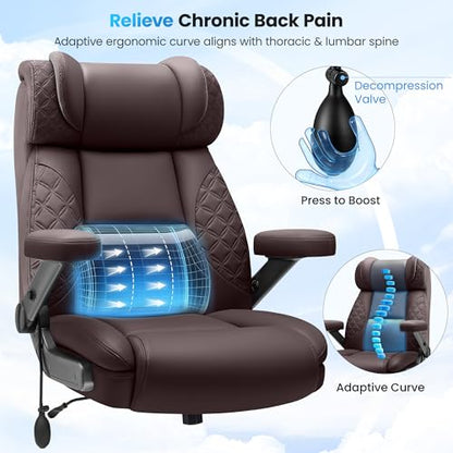 Big and Tall Office Chair for Heavy People, 500LBS Wide Seat Computer Desk Chair, Extra Large Executive Gaming Chair with Adjustable Lumbar Support and 5D Flip Arms, Comfy Heavy Duty Office Chair - color: Coffee