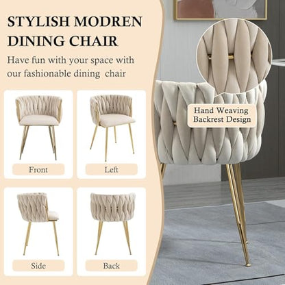 NIOIIKIT Modern Velvet Dining Chairs Hand Weaving Accent Chairs Living Room Chairs Upholstered Side Chair with Golden Metal Legs for Dining Room Kitchen Vanity Living Room (Ivory) - color: Ivory