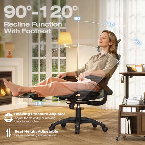 ELABEST X100 Ergonomic Mesh Office Chair with Footrest, Big and Tall Home Desk Chair with 5D Flip-Up Arms, Adjustable 3D Lumbar Support, Gaming & Executive Computer Chair (Forest Ranger) - color: Forest Ranger