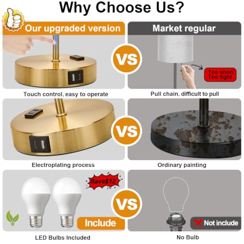 Lynnoland Set of 2 Touch Control Table Lamps, 3-Way Dimmable Bedside Nightstand Lamps for Bedroom Living Room Nursery, 800 Lumens 3000K Warmlight Bulbs Included, Coarse Linen - color: Natural Beige & Brushed Gold
