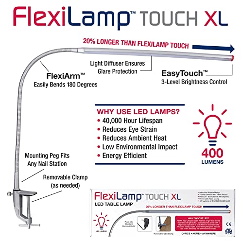 Americanails FlexiLamp Touch XL - LED Table Desk Lamp - Removable Clamp - Adjustable Lighting for Nail Stations - Manicure Table Light - Flexible Arm – 3 Brightness Levels - Touch Sensor - 400 Lumens - size: XL