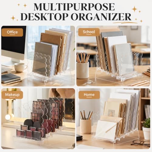 AmazingSpark Acrylic File Organizer for Desk, 5-Slot Acrylic File Sorter with Scalloped Edge, Clear Desktop Holder for Folders, Documents, Notebooks, Clipboards and Mail for Home, Office and School