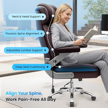Big and Tall Office Chair for Heavy People, 500LBS Wide Seat Computer Desk Chair, Extra Large Executive Gaming Chair with Adjustable Lumbar Support and 5D Flip Arms, Comfy Heavy Duty Office Chair - color: Coffee