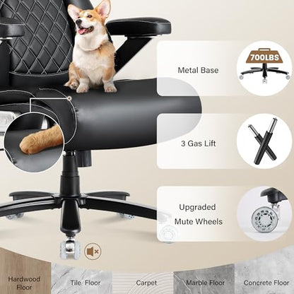 700lbs Leather Big and Tall Office Chair, Ergonomic Heavy Duty Executive Office Chair with 5D Flip Arms & Adjustable Lumbar Support & Dual Rubber Wheel, Large Thick Padded Extra Wide Seat, Black - color: Black
