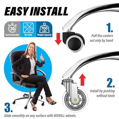 WEWILL Office Chair Wheels - Rubber Casters Replacement Universal Fit 98% Chair(Set of 5) Heavy Duty 3 Inch Smoothly & Quietly Safe for All Floor, Hardwood, Tile, Carpet, Noise Free - Sliver - color: Silver