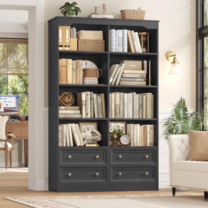 71" Tall Bookshelf with 4 Drawers Black Bookshelf Office Bookcase | 6-Tier Double Wide Bookshelves and Bookcases with Storage, Black Bookshelf Standing Book Cabinet for Home Office, Black - color: Black