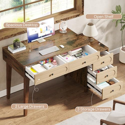 Tribesigns 51-Inch Computer Desk with 5 Drawers, Rustic Brown Office Desk with Reversible Drawer Cabinet, Wooden Study Writing Table Workstation with Storage for Small Spaces