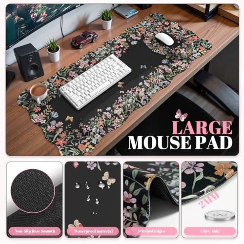 iCasso Black 4in1 Mousepad, 35.4"x15.7" Desk Blotter for Classroom | Workspace Ergonomic Desk Pad Featuring Keyboard Wrist Rest, Girly Mousepad Set for Students Travel Home Office - color: Black
