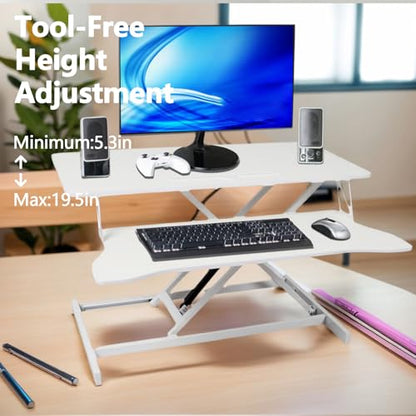 Standing Desk Converter, 32" Wide Height Adjustable Sit Stand Up Desk Riser with Keyboard Tray, Desktop Workstation Riser for Home Office Computer Laptop, Particle Board (White) - color: White