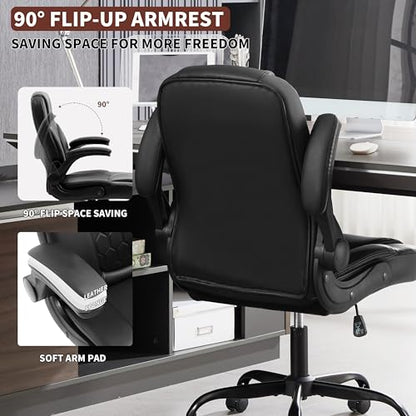 Leather Office Chair Swivel Lumbar Support for Short People Black | Executive Office Chair PU,Leather Office Chair with Wheels,360° Swivel Rolling Chair with Padded Arm,Ergonomic Computer Chair - color: Black