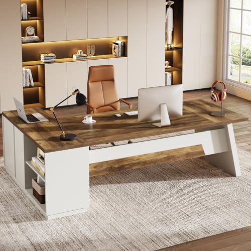 Tribesigns 78" L-Shaped Executive Desk, Large Modern Office Desk with Drawers and Lateral File Cabinet, Business Furniture with Storage Shelves, Big Computer Desk for Home Office (Brown + White) - color: Brown + White