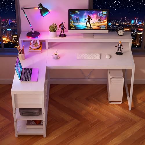 Tribesigns L Shaped Desk with Drawers and Storage Shelves, Home Office L Corner Desk with Monitor Stand, 55" x 24" Desktop Computer Desk, Gaming Desk Study Desk for Small Space (White) - color: White