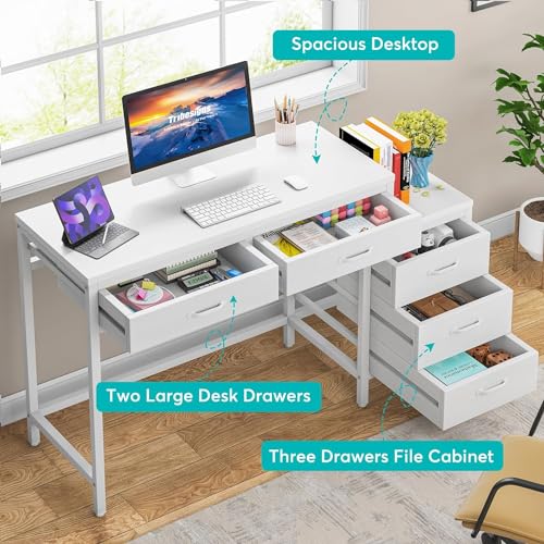 Tribesigns Computer Desk with 5 Drawers, Reversible Home Office Desks - color: White
