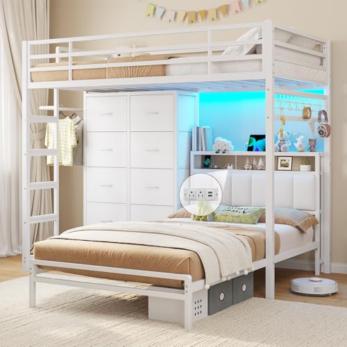 DICTAC Twin Over Twin Bunk Bed with 8 Storage Drawers and Led Lights Metal Bunk Beds with Storage Headboard and Charging Station,L-Shaped bunk Bed for Kids with Safety Guardrail and Ladder,White - color: White, size: Twin Over Twin