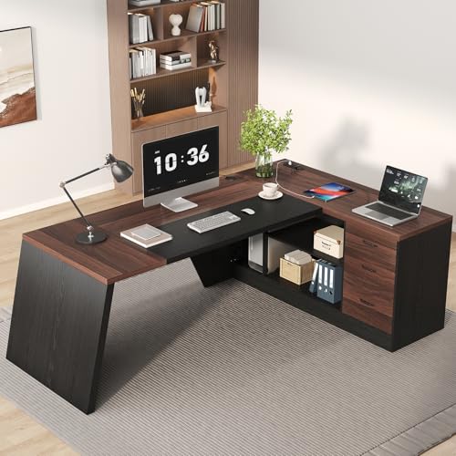 78-Inch L-Shaped Executive Desk with Drawer, Walnut Brown Black | Large Home Office Desk with Cord Hold and Power Outlet, Modern Computer Table with File Cabinet,Open Shelf and PC Stand - color: Walnut