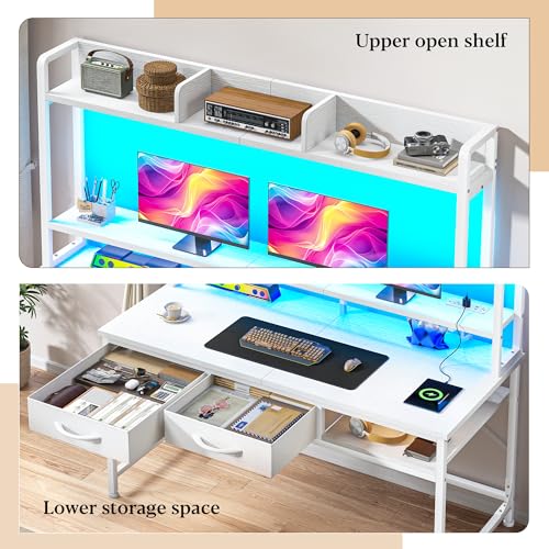 DurayLoly 47.2" Computer Desk with Hutch, LED Lights and Monitor Stand - color: White, size: 18.9"D x 47.2"W x 61.1"H