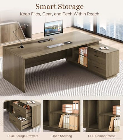 63" Reversible L-Shaped Executive Desk with Drawers, Compact Executive Office Desk with Storage Shelving, Built-in Outlets & USB Ports for Home, Office, Corporate, School (Tobacco Wood)