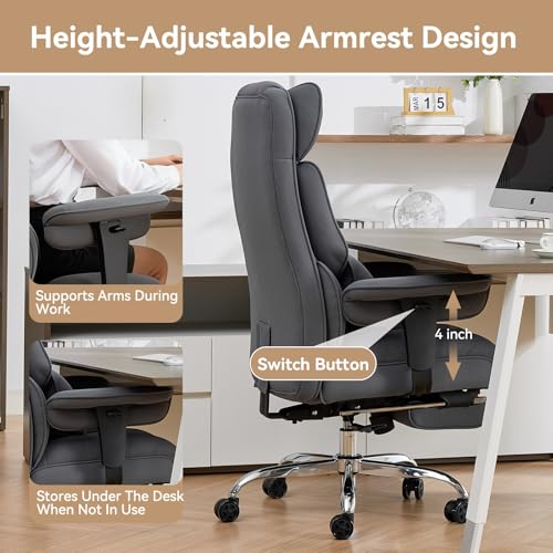 Efomao Executive Office Chair, Bluegrey Fabric Big and Tall Desk Chair | Breathable fabric, pocket spring & foam seat, retractable footrest, 135° recline for computer gaming setup - color: 3084mus-bluegrey