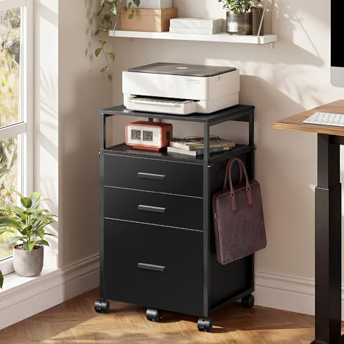 DEVAISE 3 Drawer Vertical File Cabinet | Rolling Wooden Filing Cabinet Mobile Printer Stand for Home Office, 15.7" D x 17.7" W x 40.3" H - color: Black, size: 15.7"D X 17.7"W X 40.3"H (Adjustable)