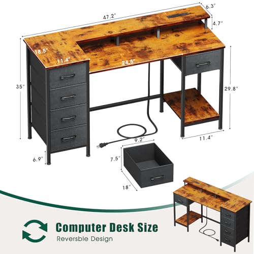 Korfile 47 Inch Computer Desk with Power Outlets,LED,5 Drawers,Rustic Brown - color: Rustic Brown, size: 47 Inch