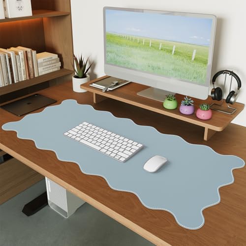 iCasso Leather Mouse Pad,Extra Large Desk Pad for Desktop,Waterproof PU Desk Cover Mat,Cute Scalloped Keyboard Mats for Women Girl,Non-Slip Computer Pad for Office Home Dorm - color: Blue