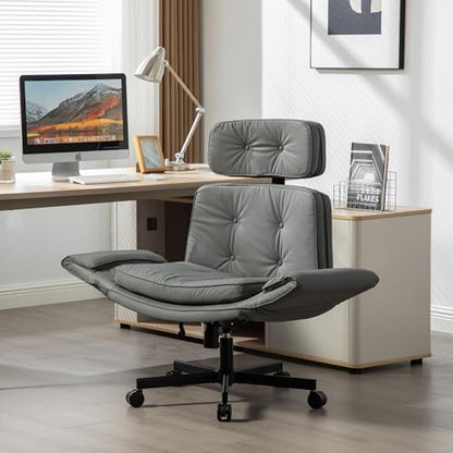 Criss Cross Chair with Wheels & Adjustable Armrests, High Back PU Leather Executive Desk Chair for Home Office, Comfy Cross Legged Wide Computer Task Chair, Gray - color: Grey