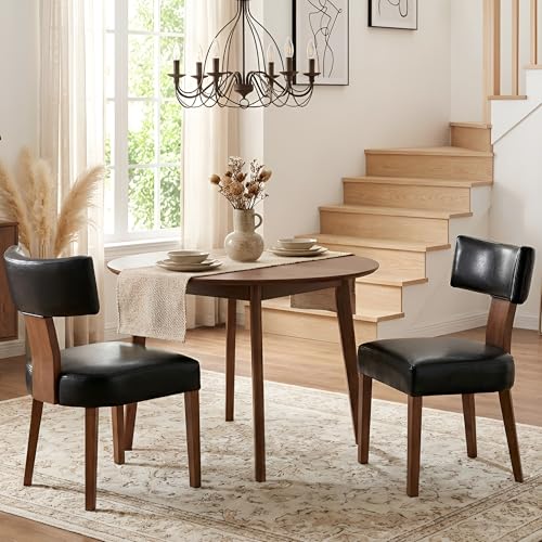 HNY Mid Century Modern Dining Chairs Set of 2, Farmhouse PU Leather Upholstered Accent Chair Curved Backrest Kitchen Chairs, with Hardwood Frame, Black - color: Black Curved