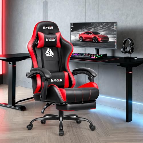 N-GEN GAMING Gaming Chair with Footrest, Lumbar, High-Back, Red Black | Reclining Backrest, Linkage Armrests, Durable PU Leather, Adjustable Comfort for Extended Computer, Desk, or Home Office Use - color: Red Black