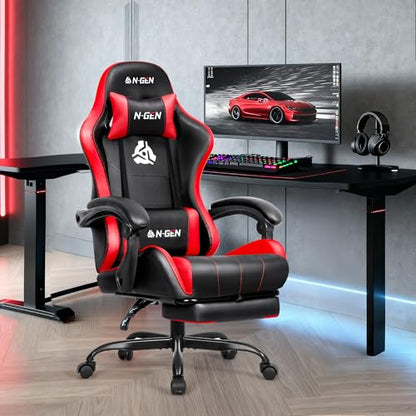 N-GEN GAMING Gaming Chair with Footrest, Lumbar, High-Back, Red Black | Reclining Backrest, Linkage Armrests, Durable PU Leather, Adjustable Comfort for Extended Computer, Desk, or Home Office Use - color: Red Black