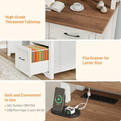 Vabches 47" Farmhouse Executive Desk with 3 Drawers,LED Lights,Unique White - color: Unique White, size: 3 Drawers & Monitor Stand