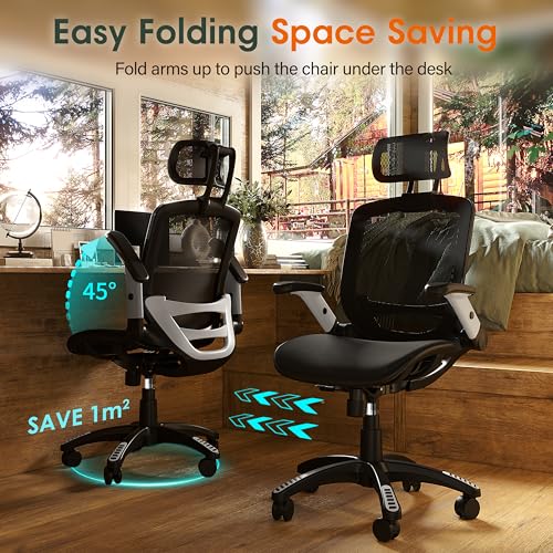 GABRYLLY Ergonomic Office Chair, High Back Home Desk Chair with Headrest, Flip-Up Arms, 90-120° Tilt Lock and Wide Cushion, Big and Tall Mesh Chairs for Man Woman, Black Task Chair - color: Black