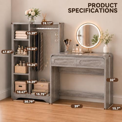 Vanity Desk, Makeup Vanity Desk with Drawers and Hanging Rack | 4 Tier Shelves, Modern Makeup Vanity Table with Curved Profile Design, Makeup Dressing Desk for Bedroom, Grey - color: Grey, size: 15.7"D x 70"W x 47"H